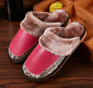 women hot pink 6 цветов; Новинка; домашние тапочки из натуральной кожи; кожаные теплые хлопковые тапочки; зимние мужские и женские домашние кожаные тапочки; Size35-44 - Цвет: women hot pink