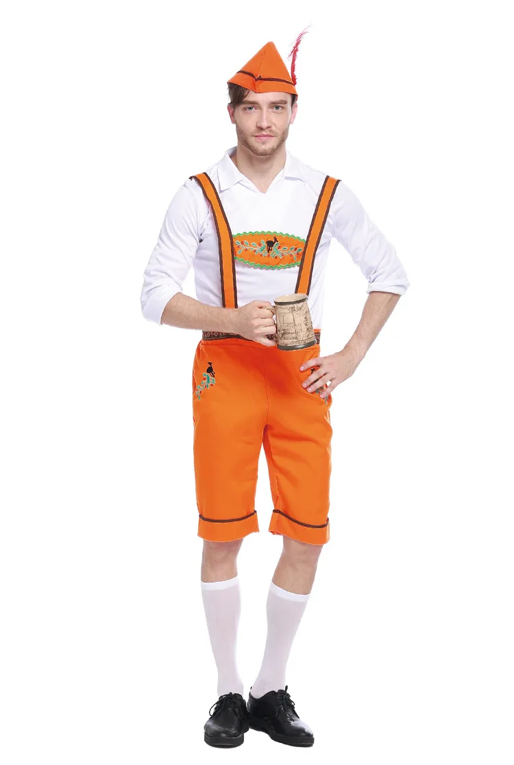 Мужской женский Bavaria Октоберфест оранжевый пивной костюм рубашка Lederhosen платье на подтяжках пивной горничной наряд