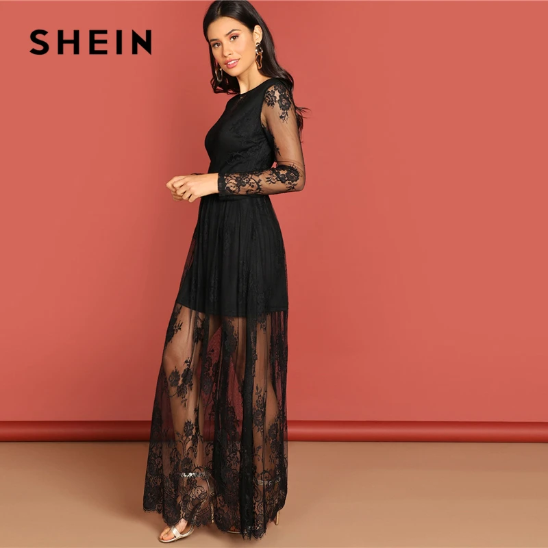 SHEIN Кружевное Платье С Глубоким V-Образным Вырезом Женское Черное Осеннее Элегантное Платье С Длинными Рукавами