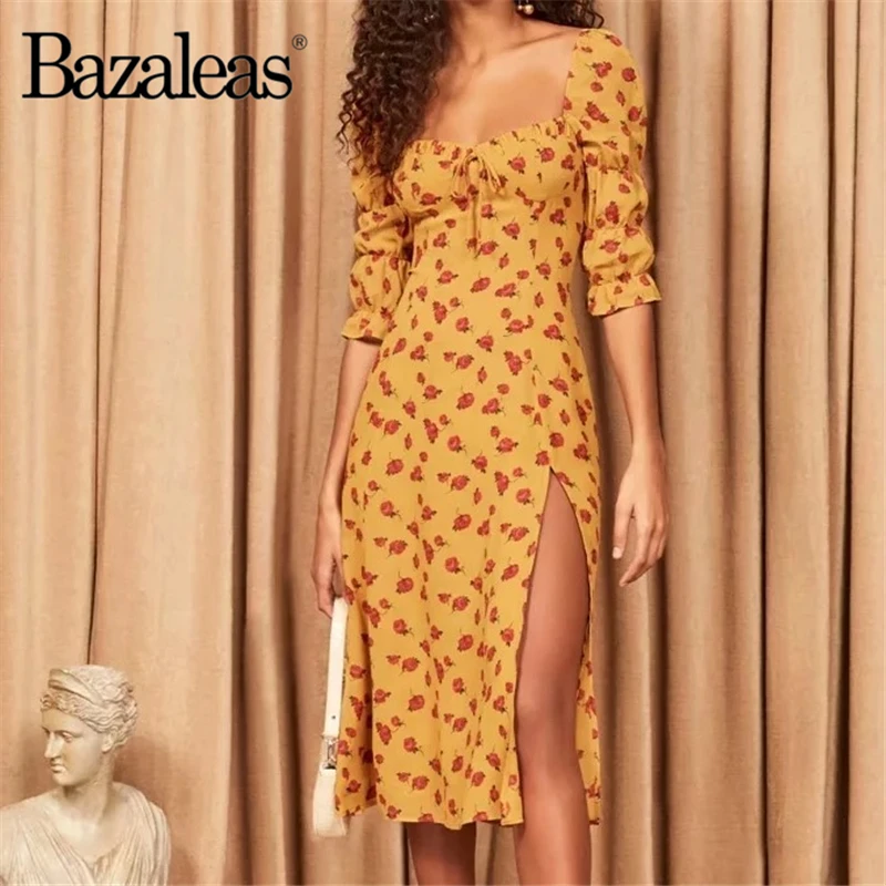 Женское летнее платье с разрезом Bazaleas желтое винтажное миди цветочным принтом