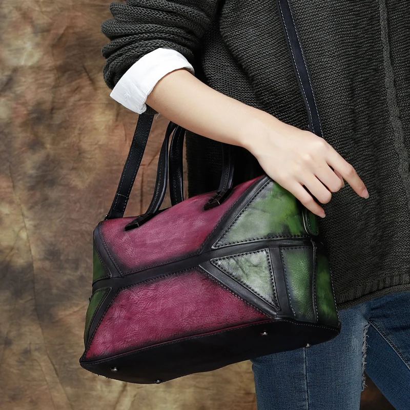 Женская сумка из натуральной кожи с вставками ручной работы ручками сумки на