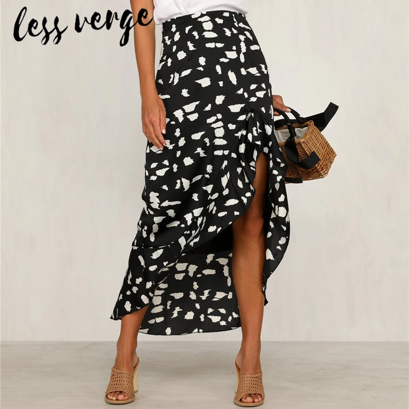 Lessverge/черная длинная юбка в горошек с оборками повседневная высокой талией