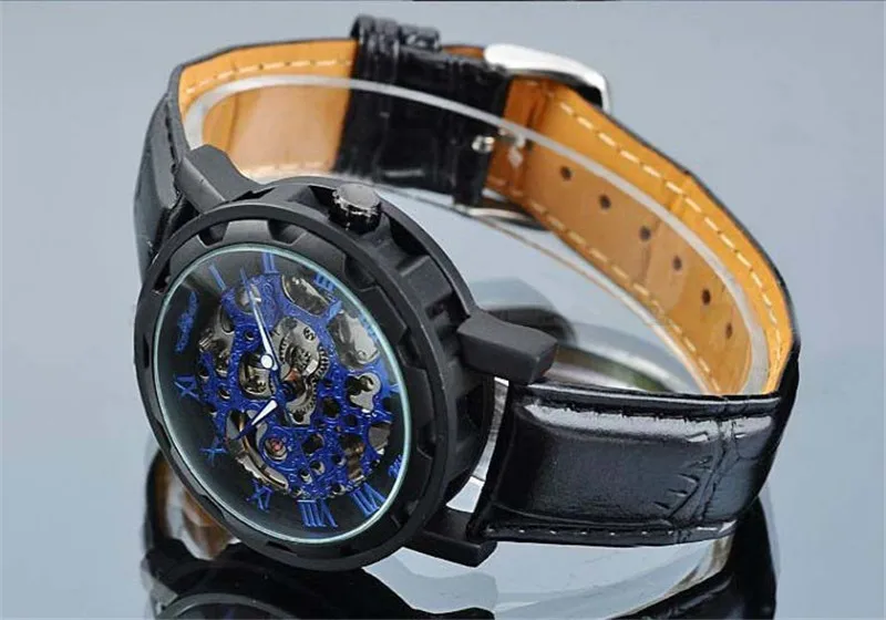 Мужские механические часы скелетоны Winner наручные мужские с кожаным ремешком