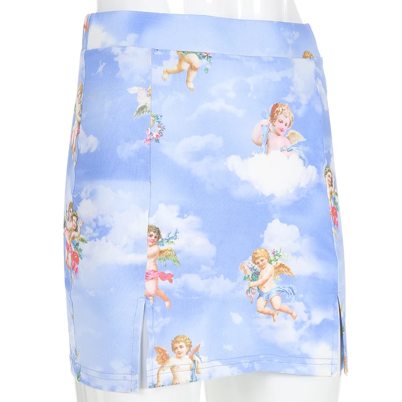 SUCHCUTE Angel Print, Сексуальная мини-юбка, Kawaii, высокая талия, юбки-карандаш, женская, с разрезом, с запахом сбоку, юбка, хлопок, летняя уличная одежда