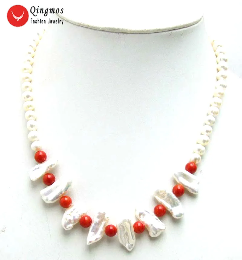 Qingmos Natural Pearl Necklace for Women with 6-7mm Round &amp12-15mm Biwa &amp 6mm Red Coral Jewelry 17'' Nec6126 | Украшения и