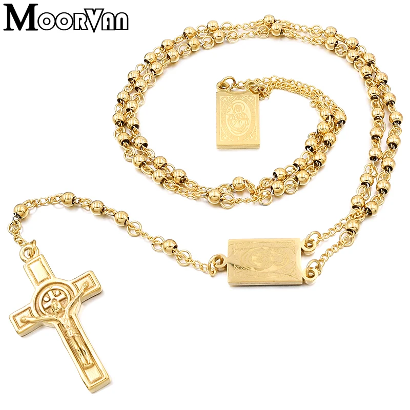 Moorvan 4mm,66cm long gold color men rosary bead necklace Stainless steel Religion of Jesus ,women cross jewelry, 2 colors
