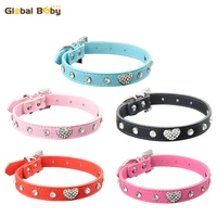 50 pieceslot pu leather pet dog puppy products collar with diamond and love charm