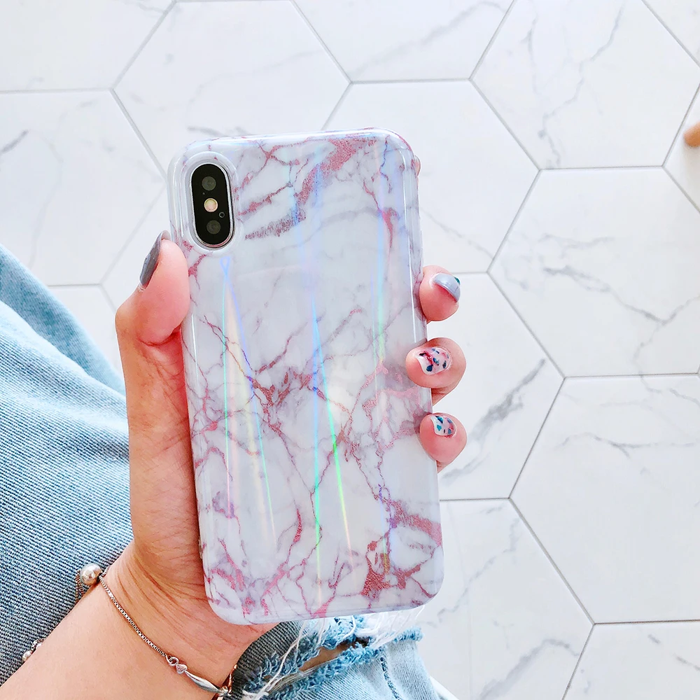 Чехол для iPhone X Xr Xs Max корейский лазерный чехол из мягкого ТПУ с мраморной кожей
