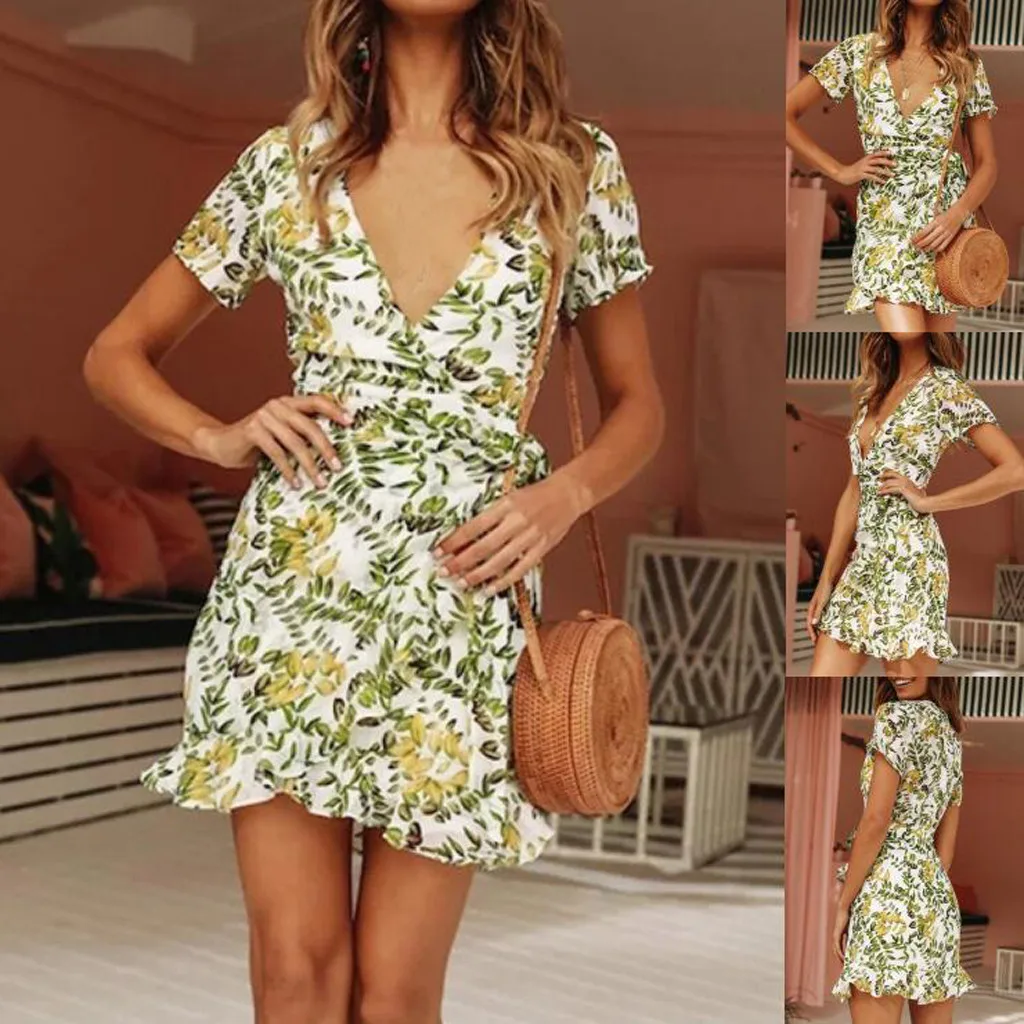 Feitong Цветочная расцветка для офиса Сексуальное мини платье повседневное без