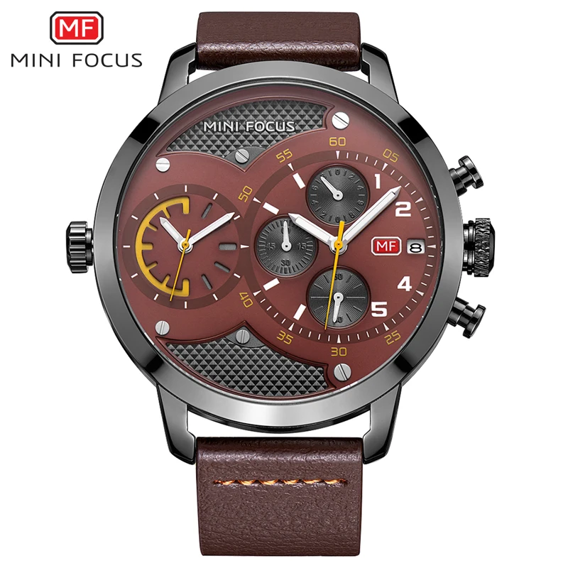 MINI FOCUS Dual Time Chronograph Men's Quartz Sports Watches Men Brand Luxury Big Analog Clock Male Leather Military Wrist Watch |