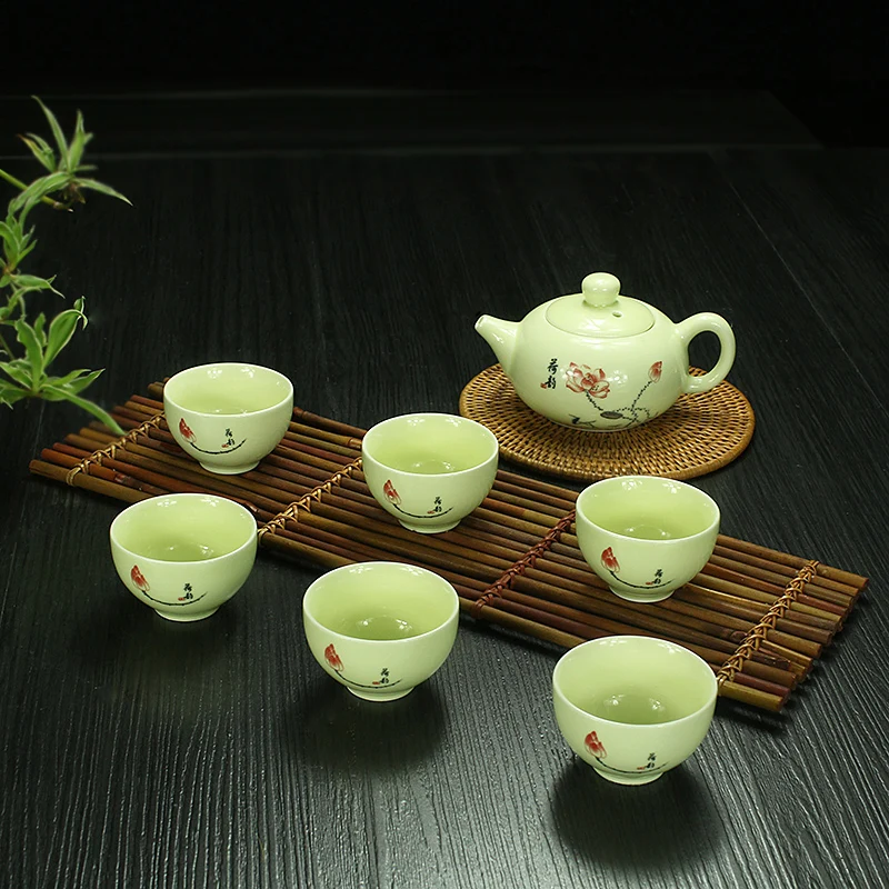 D Цзиндэчжэнь, Китай, Celadon, чайный сервиз, керамический фарфор, керамика, голубой и белый чай, чашка, чайный горшок, чайный набор кунг-фу - Цвет: D