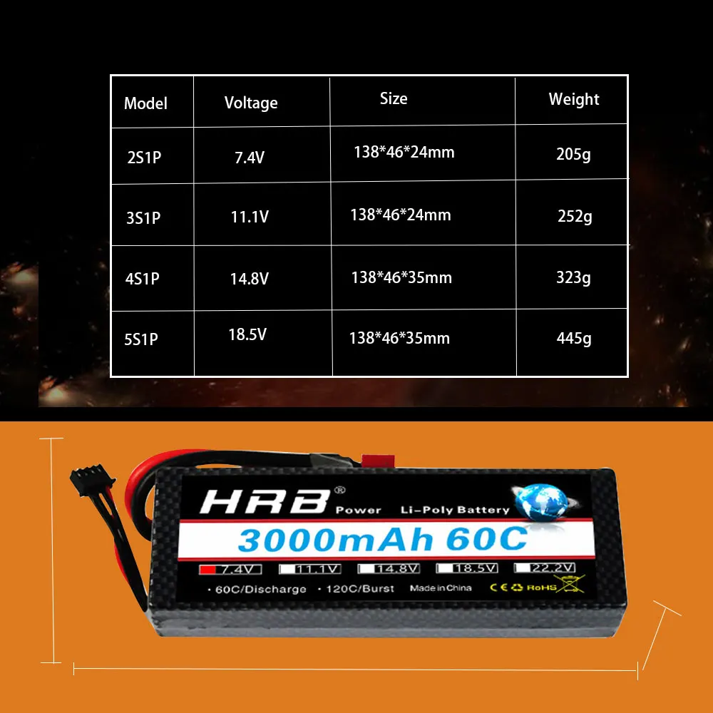 HRB RC Lipo Battery 3000mAh 2S 3S 4S 5S 7 4 V 11 1 14 8 18 5 60C 120C XT60 Жесткий Чехол для радиоуправляемых