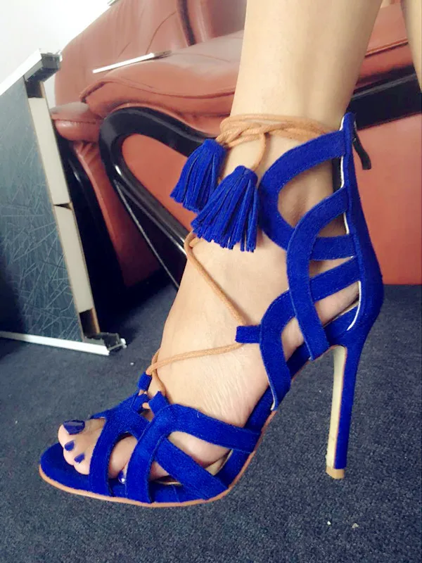 

Fantastic Royal Blue Suede Cage Sandals Hollow Out Cross Strappy Lace-up Fringe Shoes Stiletto Heel Gladiator Tassel Pumps