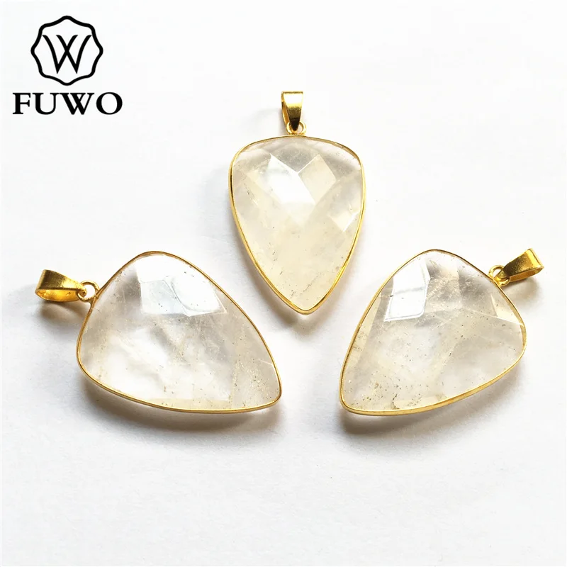 FUWO Fashion Quartz Triangular Pendant With Gold Trimmed Faceted Natural Stone Jewelry Findings Wholesale PD217 | Украшения и