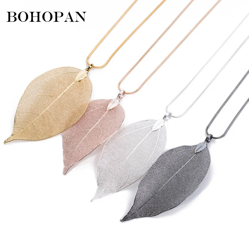 

Real Natural Filigree Leaf Long Pendant Necklace For Women Trendy Bohemian Jewelry 4 Color Metal Long Neckalce collares largos