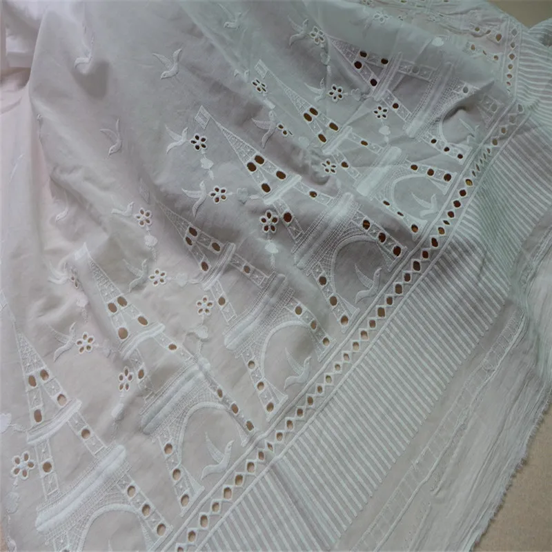 Ivory White Cotton Fabric Eiffel Tower Embroidered Striped Eyelet Voile DIY Quilting &amp Sewing Placemat | Дом и сад