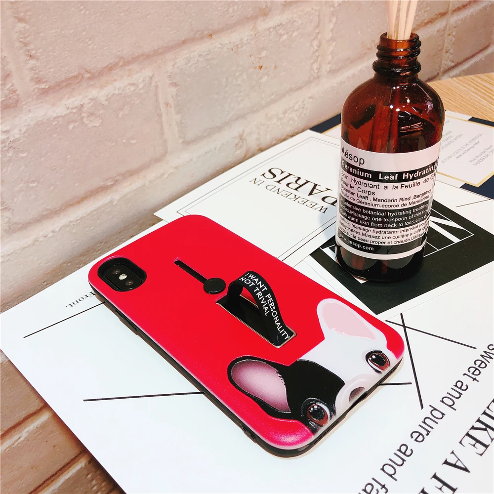 Funny French Bulldog Puppy Cartoon Soft Phone Case For iphone XS MAX XR Red Hide Stand Holder case 6s 6 Xs 7 8 Plus X |