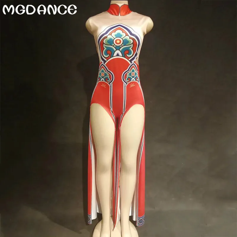 

Women Sexy Stage Red Dance Jumpsuit Cheongsam Bodysuit Party Clothes Celebrate Outfit Female Singer Dance Show Outfit