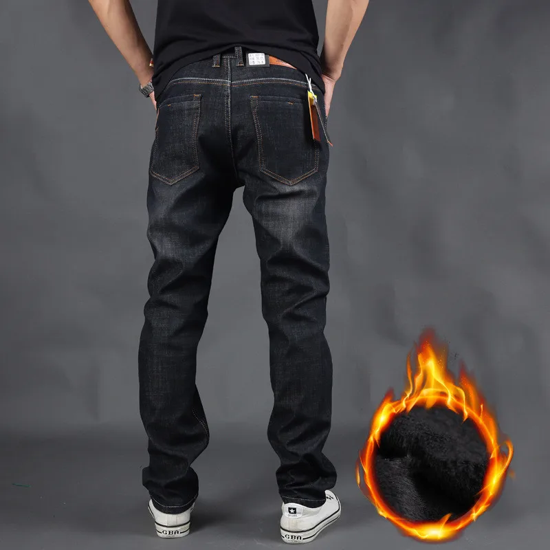 

2020 Winter New Men's Warm Jeans Business Casual Thick Fleece Slim Denim Pants Men Trousers Black Blue Distressed Stretch Jeans
