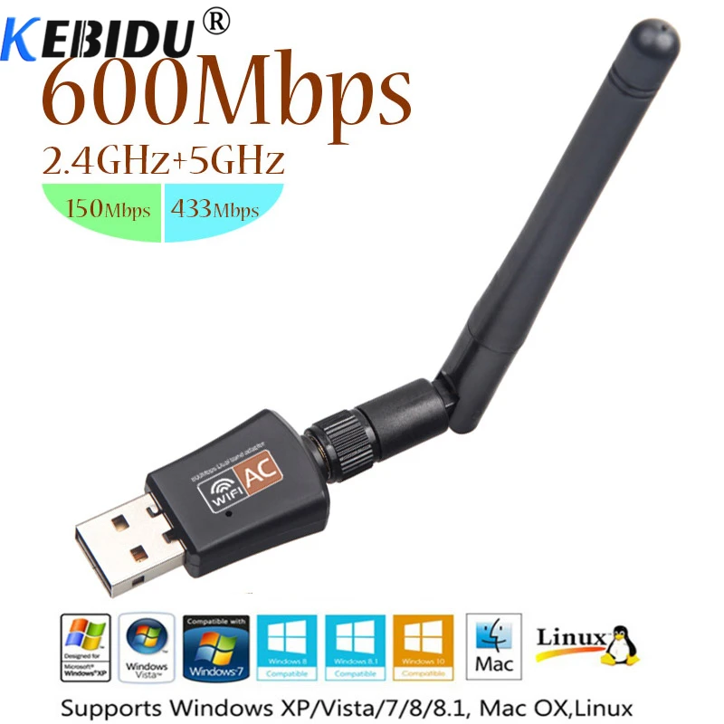 

kebidu AC 600Mbps USB Wifi Adapter 5/2.4Ghz Dual Band with Antenna Dongle LAN 802.11ac/a/b/g/n for Windows XP Win 7 10 Mac Vista