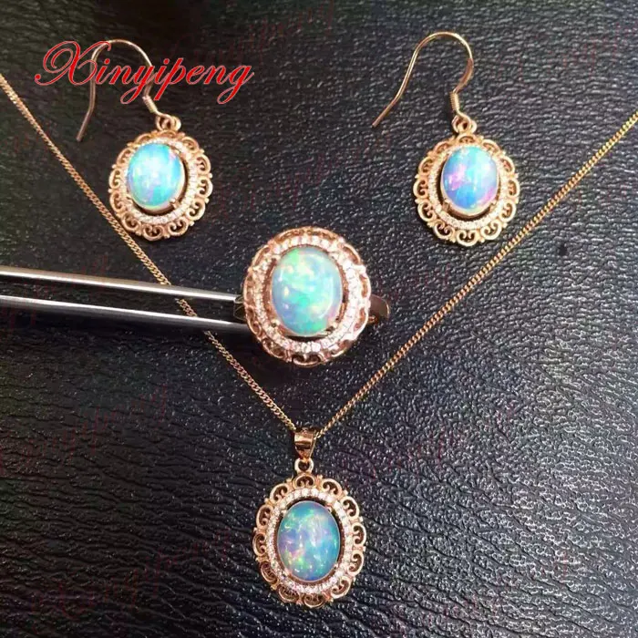 

925 silver 100% natural opal jewellery set ms ear hook ring necklace pendant wedding jewelry