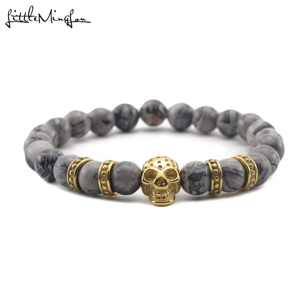 

Little MingLou Stainless Steel Skull Skeleton charms natural stone beads Rock punk Stone men Bracelet & bangles for men jewelry