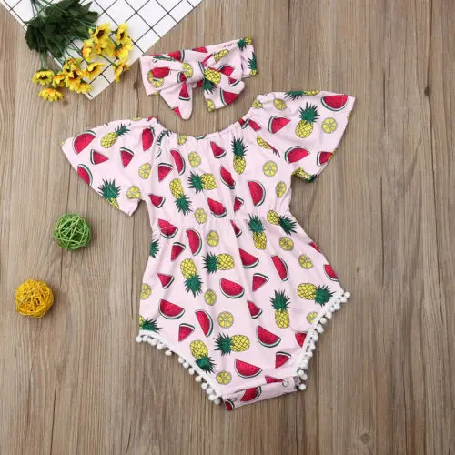 Комбинезон для новорожденных девочек + повязка на голову летняя одежда с принтом