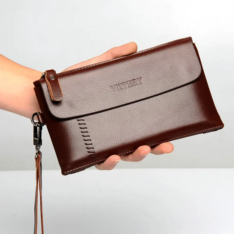 Brown Size S Мужские кошельки-клатчи из воловьей кожи на молнии, Большой Вместительный мужской кошелек с ремешком на руку, роскошные деловые однотонные мужские кошельки - Цвет: Brown Size S