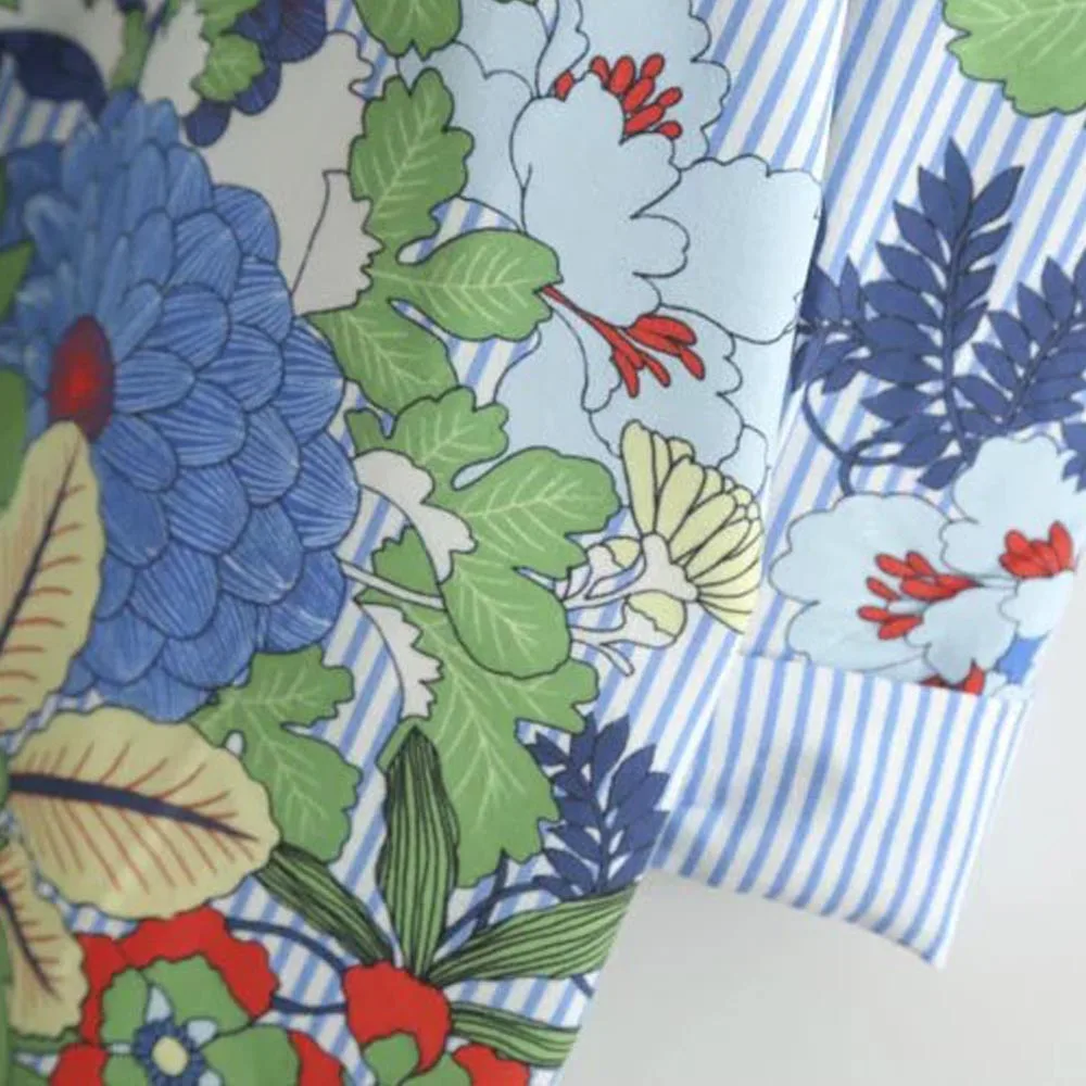 Oversized Vintage Striped Floral Turn-down Collar Long Shirt 3/4 Sleeve Women Loose Blouse Side Split Tops Brand Streetwear | Женская