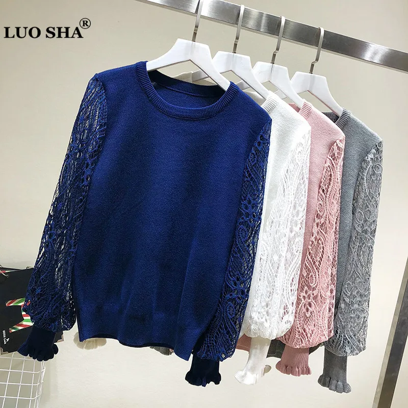 LUOSHA Women Autumn Winter Knitted Pullovers And Sweater Hollow Out Lace Sleeve Patchwork Female Pull Femme | Женская одежда