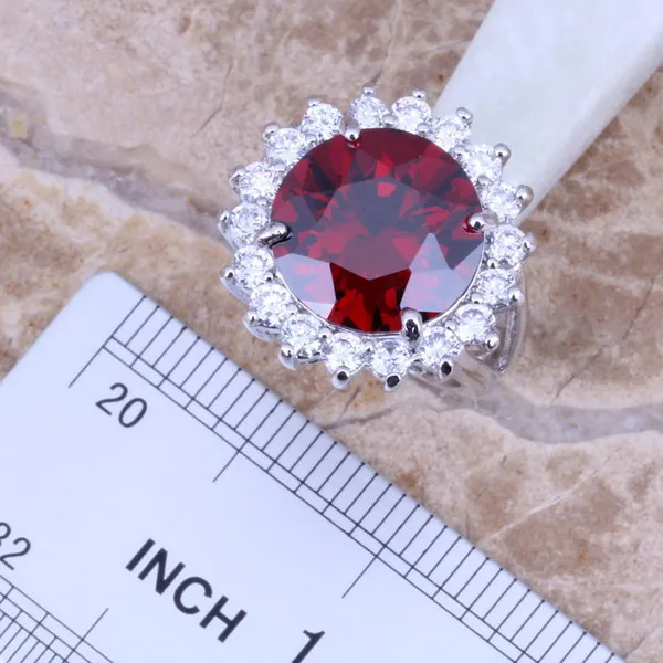 Красный Гранат Белый CZ Серебряные комплекты ювелирных изделий серьги кулон