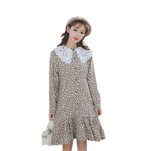 

2019 Spring Korean Preppy Style Dot Loose Women Dress Lace Single Breasted Peter Pan Collar Knee-length Plus Size Dresses Woman