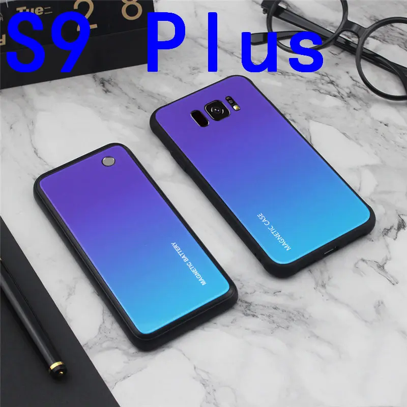 S9 Plus-Purple Тонкий градиентный магнитный беспроводной Чехол для зарядного устройства из закаленного стекла для samsung Galaxy S8 S9 Plus power Bank чехол для зарядки аккумулятора - Цвет: S9 Plus-Purple