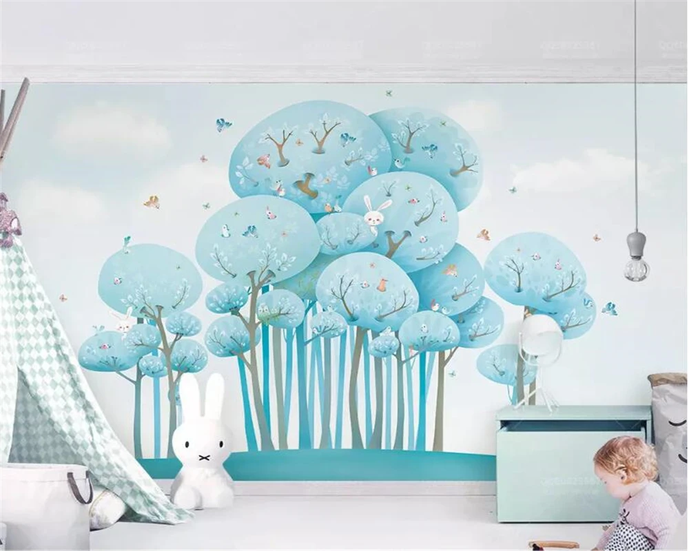 

Beibehang 3d wallpaper blue cute cartoon forest rabbit bird children room background wall painting papel de parede 3d wallpaper