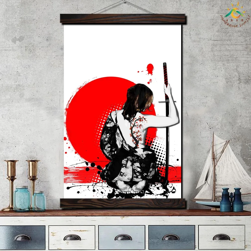 Janpan Art Woman Warrior Back Framed Scroll Painting Современный арт принт на холсте плакат настенная
