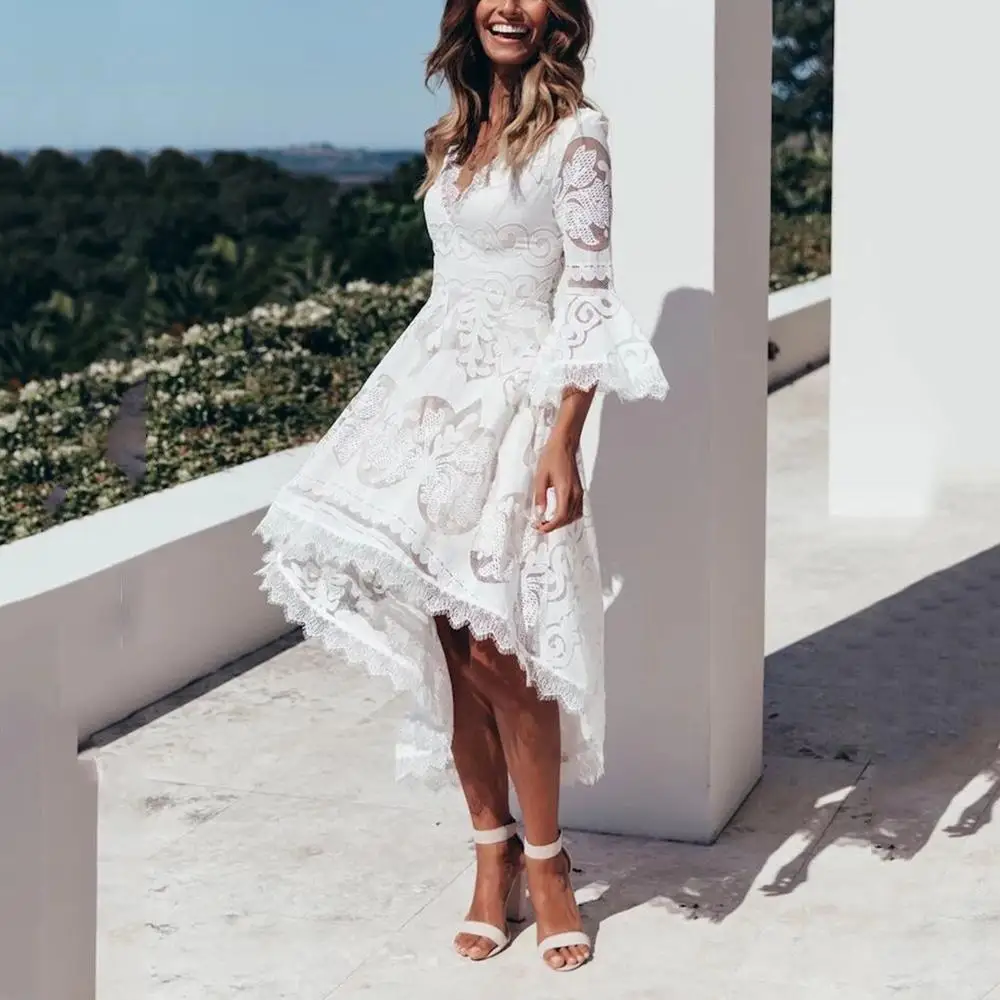 Boho сексуальное открытое элегантное белое платье с вышивкой женское летнее 2019