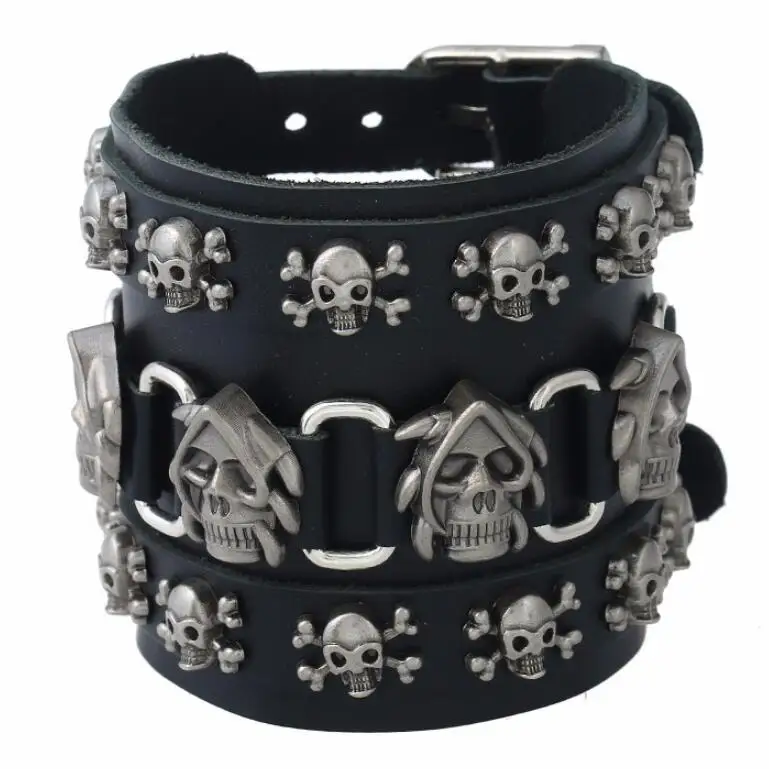 

Punk Gothic Rock Skull Wide Genuine Leather Cuff Bracelet Alloy Pirate Skeleton Charm Bangle Wrap Wristbands Vintage Men Jewelry