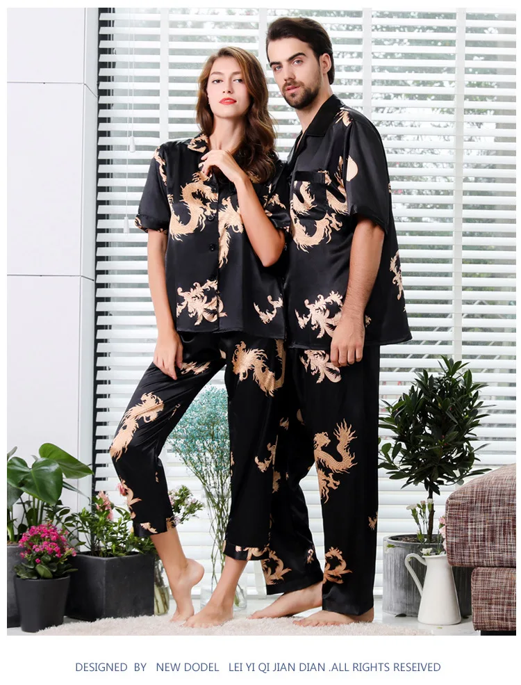 Мужская Летняя шелковая пижама с принтом китайского дракона, набор мужских пижам с коротким рукавом и брюками, тонкая домашняя пижама для пары