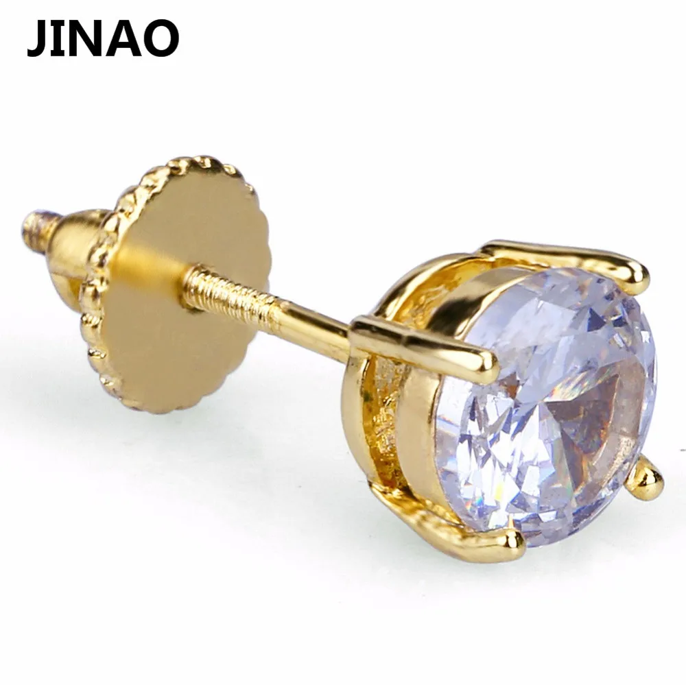 Позолоченные/серебряные серьги-гвоздики JINAO 6 мм с большим фианитом и винтом на