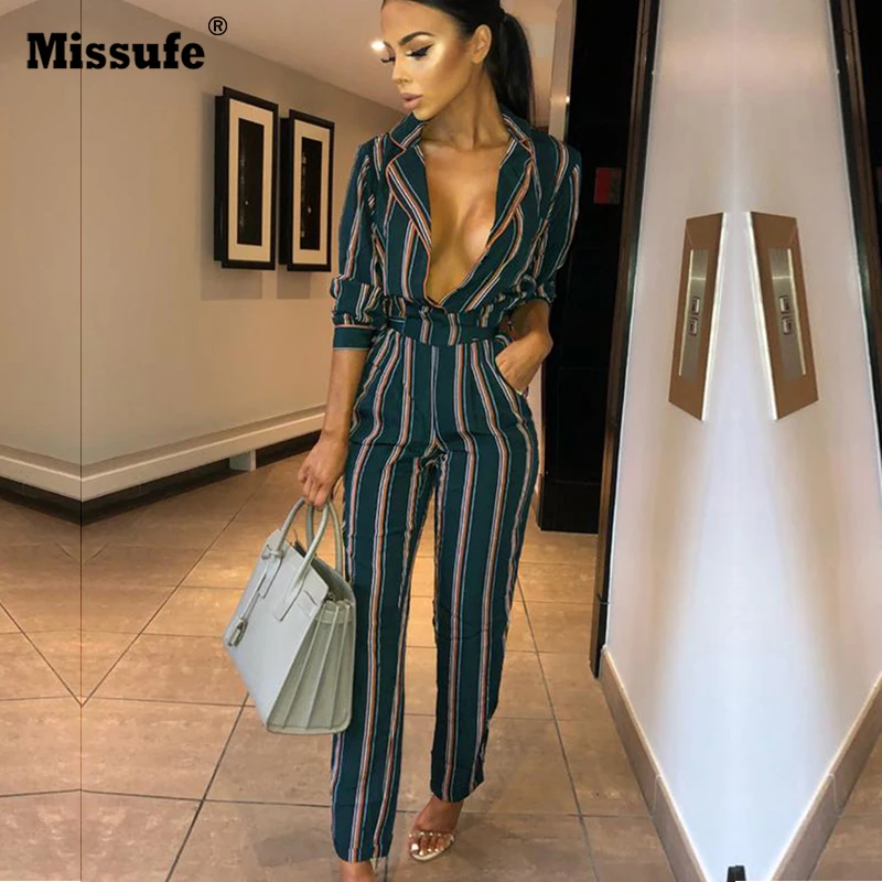 Missufe Notched Striped Women Jumpsuits With Blelt Lace Up Overalls Female Rompers Slim Playsuit Long Sleeve Bodysuits For | Женская