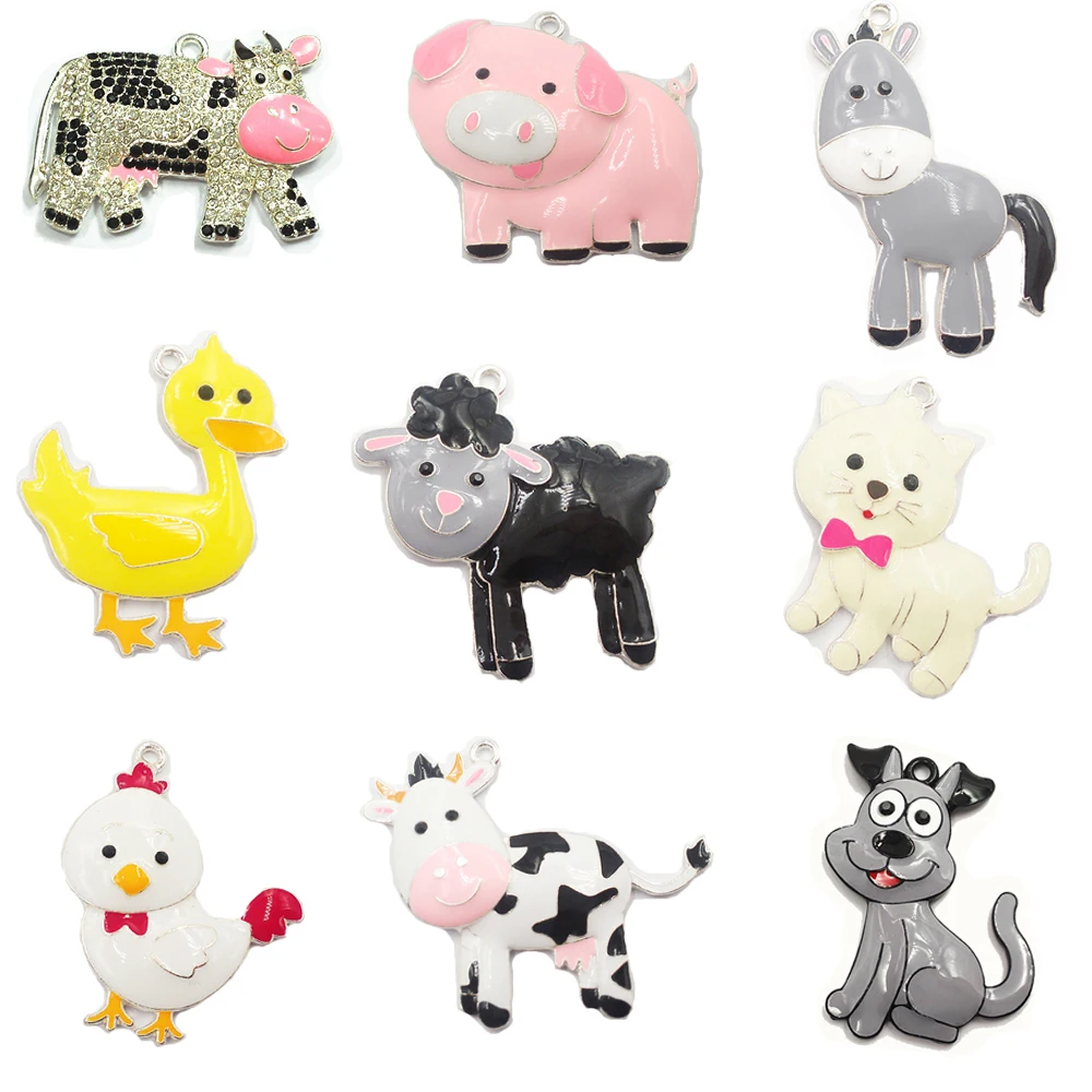 

Wholesale 10pcs/bag Farm Animal Series 2-1,Enamel Pig,Dog,Cat,Cow,Sheep,Duck,Donkey Pendants For Kids Necklace