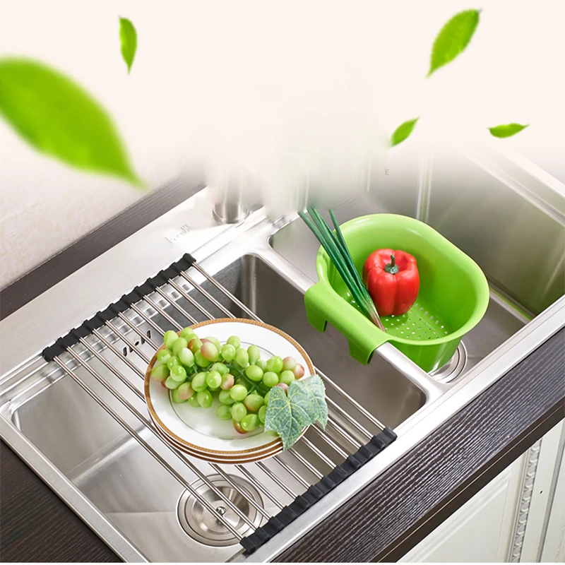 Складной Стойке Блюдо Кремния Из Нержавеющей Стали над Раковиной Сушилка Rollable