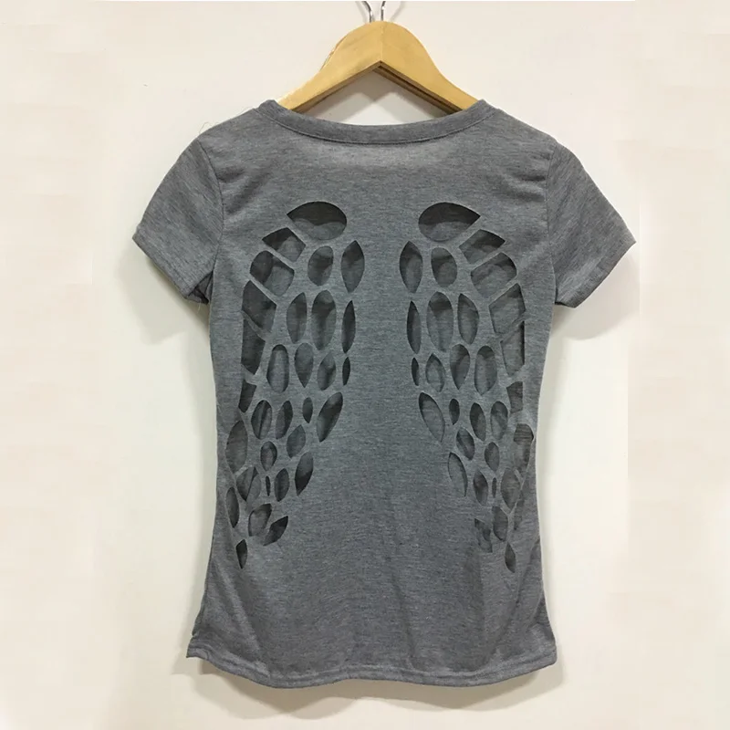 Женская футболка с вырезом на спине Сексуальная круглым и крыльями ангела