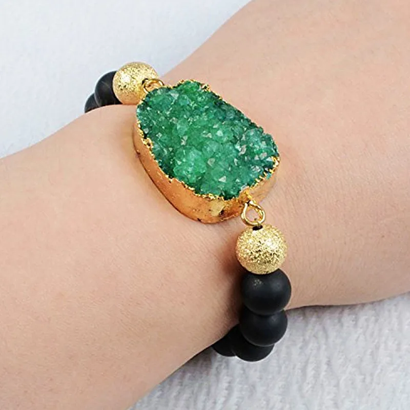 Природа Druzy Камни Pendan &amp 10 мм черный камень бисера Strand Wrap стрейч браслет для