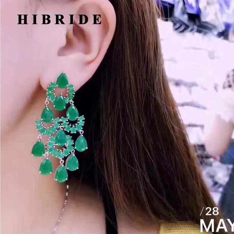 

HIBRIDE Green Water Drop Women Dangle Earrings For Gifts CZ Stone Long Drop Earring For Women Bridal Gifts Fashion Jewelry E-411