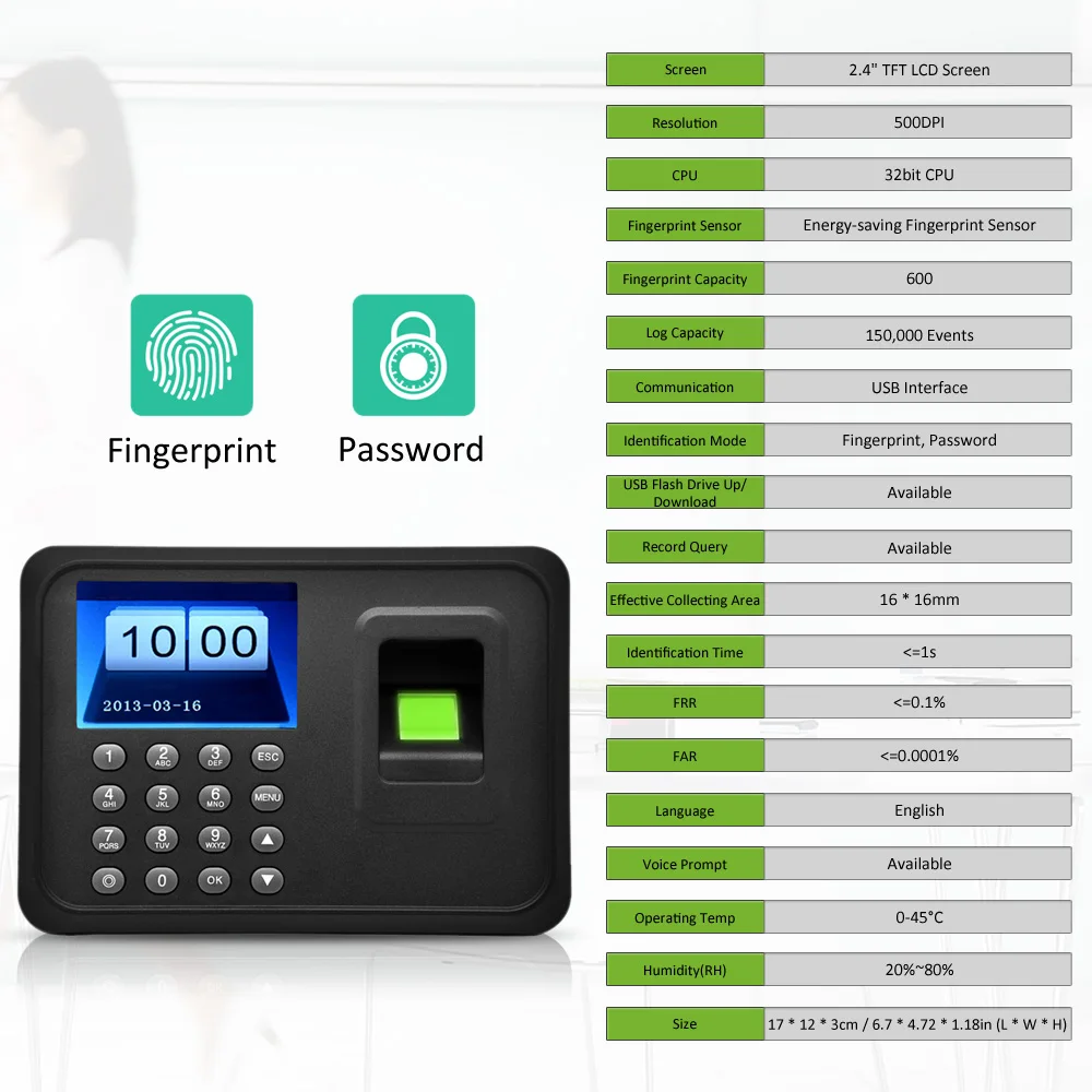 USB устройство для биометрического учета отпечатков пальцев постоянный ток 5 В/1 А