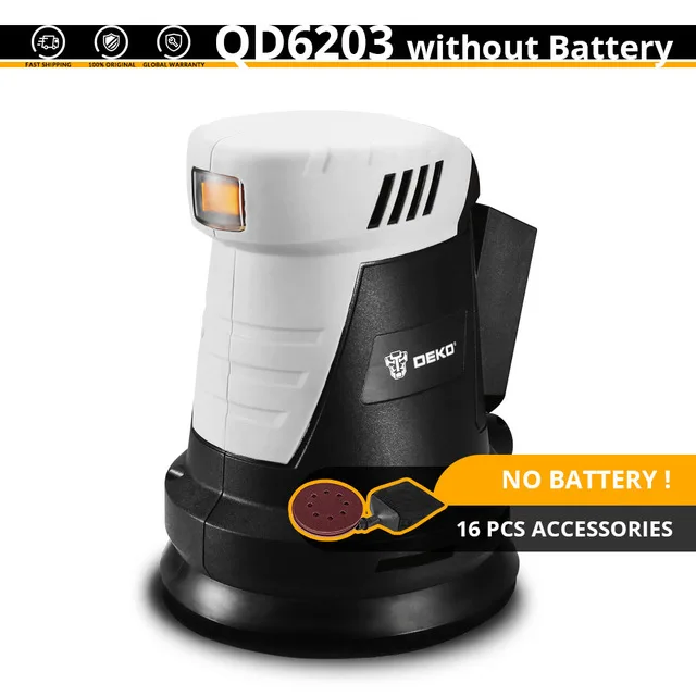 no battery DEKO QD6203 20V Беспроводная орбитальная шлифовальная машина с 15 листами наждачной бумаги и гибридной пыли канистра литий-ионный аккумулятор 10000/мин - Color: no battery
