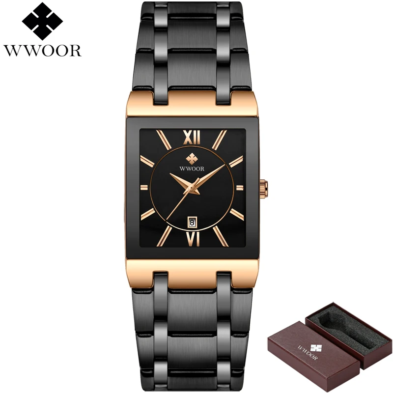 black rose gold WWOOR мужские часы Лидирующий бренд Роскошные Золотые Квадратные аналоговые кварцевые часы мужские наручные часы водонепроницаемые золотые мужские наручные часы Мужские часы - Цвет: black rose gold