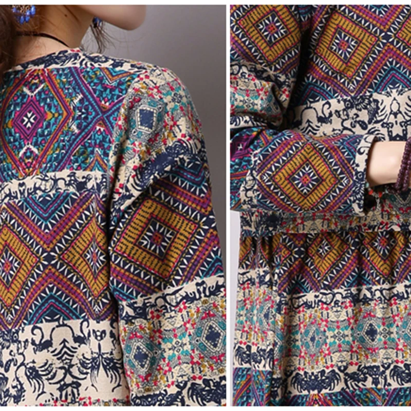 

2018 spring autumn women cotton linen dress loose medium-long plus size clothing female pullover print long-sleeve dress QH1301