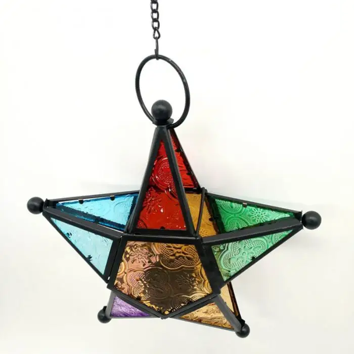 Five-pointed Star Candle Holder Moroccan Style Hanging Glass Metal Lantern TN99